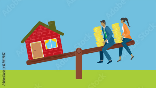 Man and woman with money on one side of teeter board, the other side with a house. Balance in economy in buying or renting house, real estate. Dimension 16:9. Vector illustration.