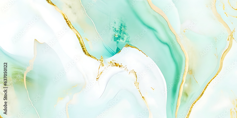 Fototapeta premium Abstract watercolor paint background illustration - Soft pastel green aquamarine color and golden lines, with liquid fluid marbled paper texture banner texture.