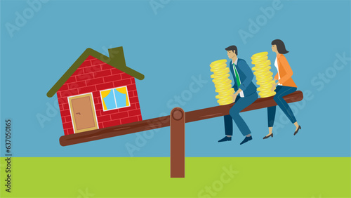 Man and woman with money on one side of teeter board, the other side with a house. Balance in economy in buying or renting house, real estate. Dimension 16:9. Vector illustration