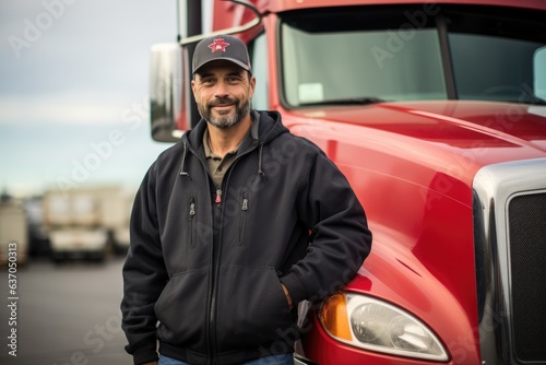 Portrait of a middle aged trucker smiling and standing by his truck in Canada photo