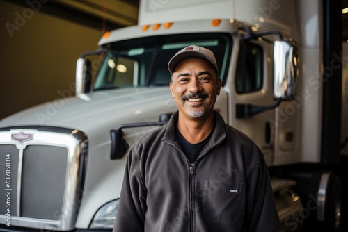 Portrait of a middle aged trucker smiling and standing by his truck in the US photo