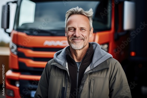 Portrait of a middle aged caucasian trucker standing by his truck and smiling