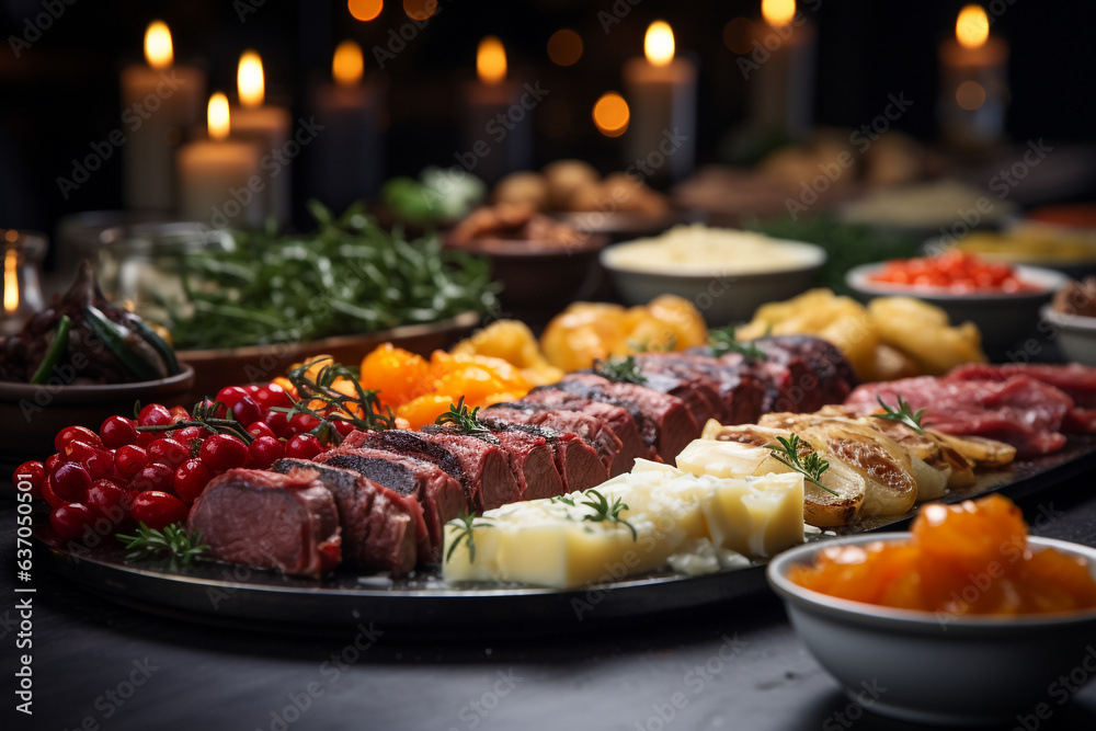 Delicious steak and other food on a dining table