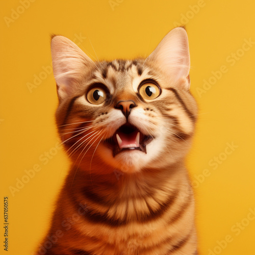 Surprised cat on a plain yellow background