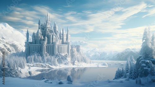 Majestic castle in the distance, epic fantasy snow scenery, landscape photography,  illustration