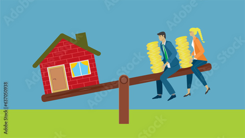 Man and woman with money on one side of teeter board, the other side with a house. Balance in economy in buying or renting house, real estate. Dimension 16:9. Vector illustration