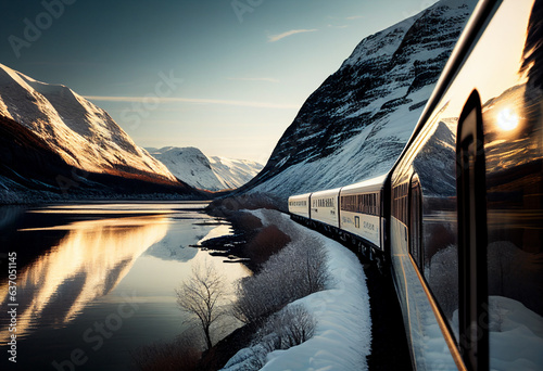 A modern high-speed train rushes among a beautiful mountain landscape, you can see the reflection in the frozen lake. AI Generated