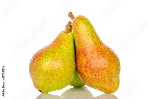 Three organic juicy pears, close-up, on a white background.