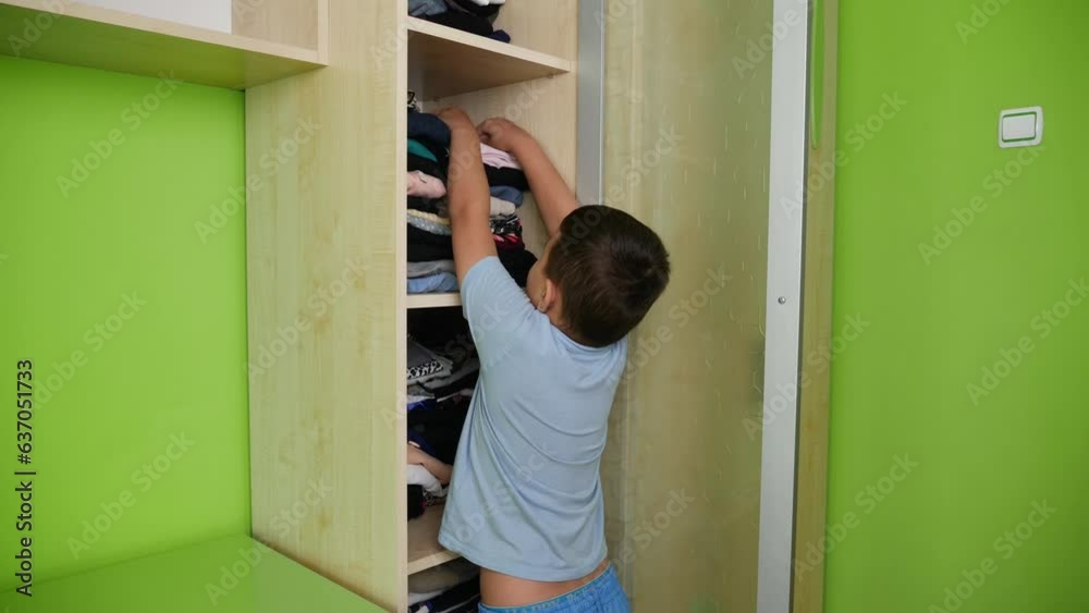 The boy puts washed and ironed clothes in the closet. Homework. The boy puts washed and ironed clothes in the closet. Homework.