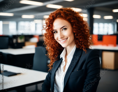 Happy successful business woman in suit smiling at work in the office