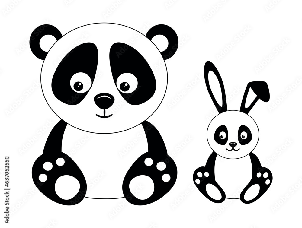 Obraz premium Black and white cartoon panda and bunny isolated on white background. Vector illustration, design element for postcards, textile, print or stickers