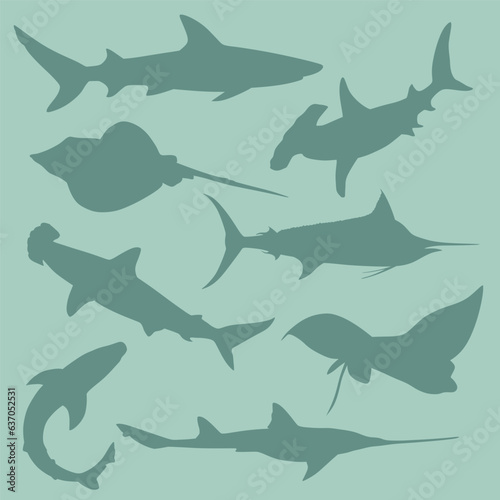 Set of ocean animals  sharks and stingray  silhouettes. Shark species. Vector illustration. Can be used as seamless pattern  background  textile.