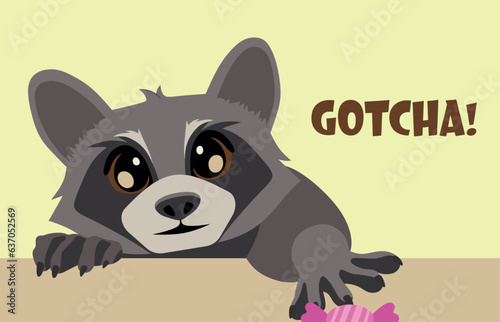Cartoon raccoon stealing a candy from a table. Funny vector illustration