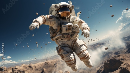 An astronaut in space with the blue sky behind him