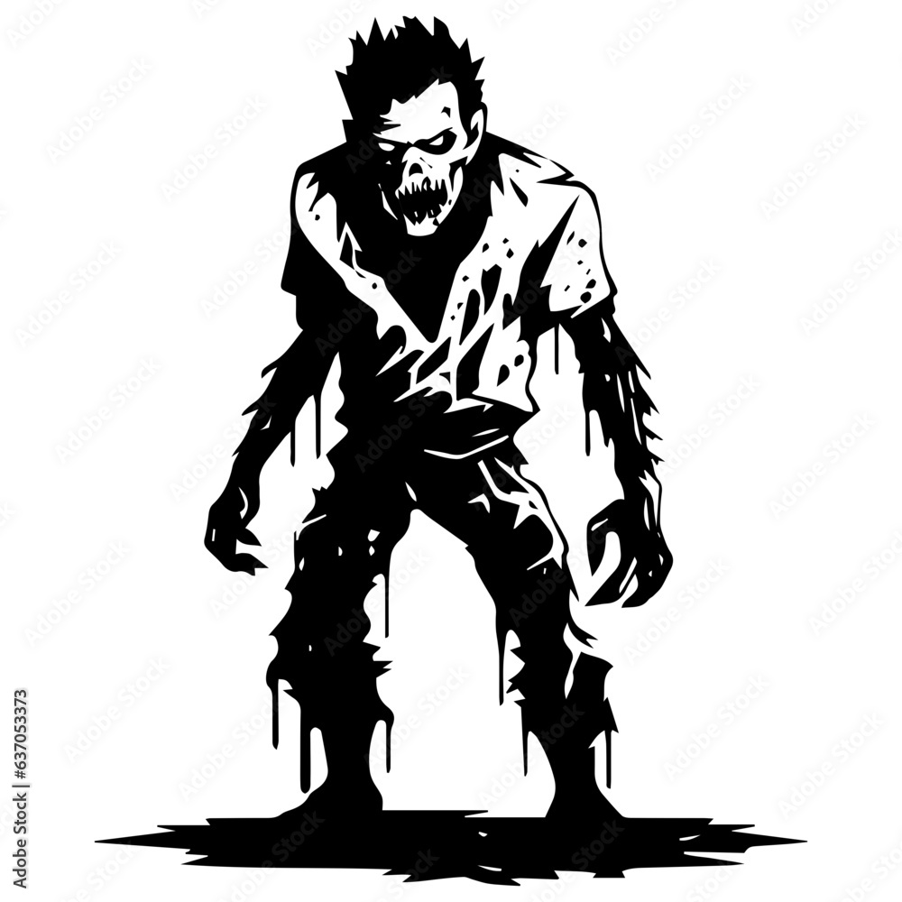 Zombie black silhouette isolated on white