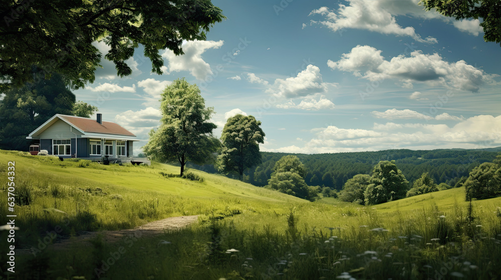 A small house on a green hill, beautiful hillside pasture, meadow, landscape photography
