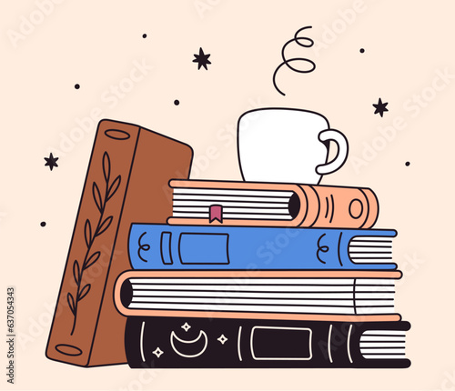 Stack of books and cup of coffee