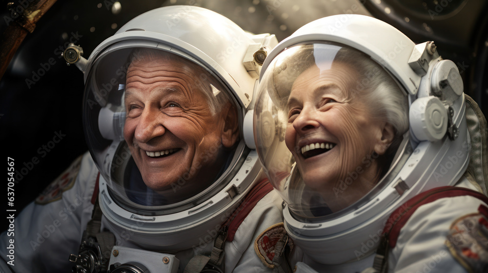 Senior couple in space suits smiling happily in sky and star - obrazy, fototapety, plakaty 