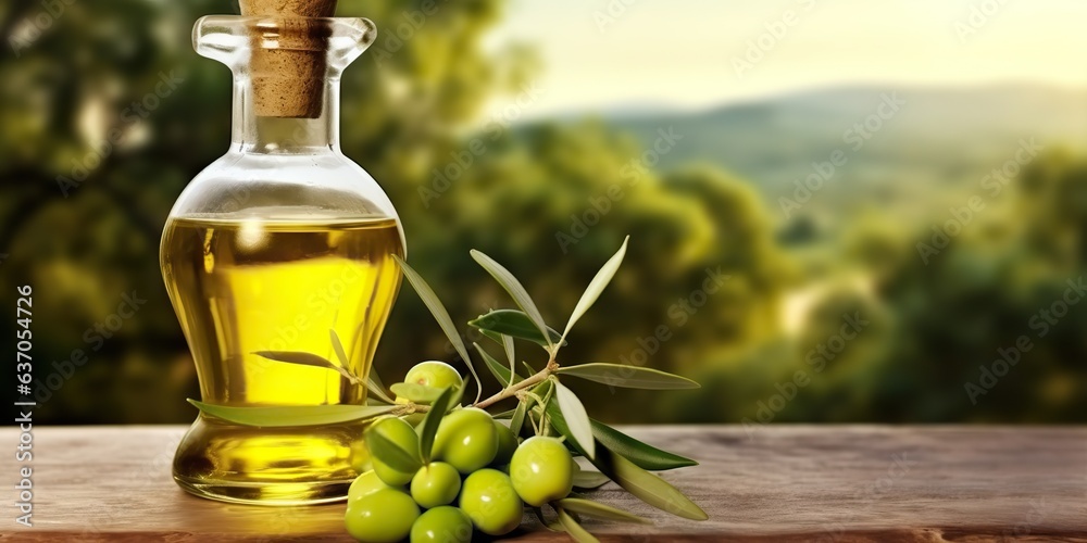 AI Generated. AI Generative. Olive oil on wooden background table nature outdoor mock up decoration. Can be used for healthy organic vegan shop AI Generated. AI Generative. Olive oil on wooden background table nature outdoor mock up decoration. Can be used for healthy organic vegan shop