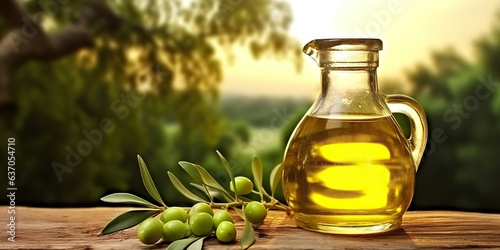 AI Generated. AI Generative. Olive oil on wooden background table nature outdoor mock up decoration. Graphic Art