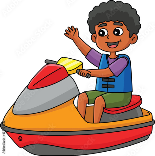 Boy Riding a Jet Ski Cartoon Colored Clipart 
