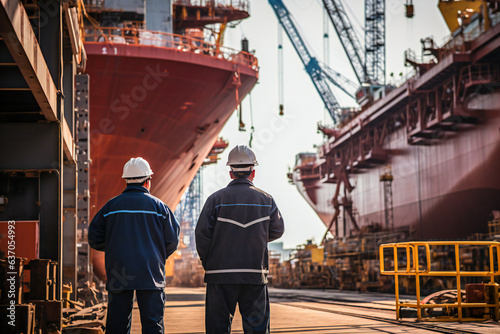 Big ship under construction in shipyard with shipyard workers around