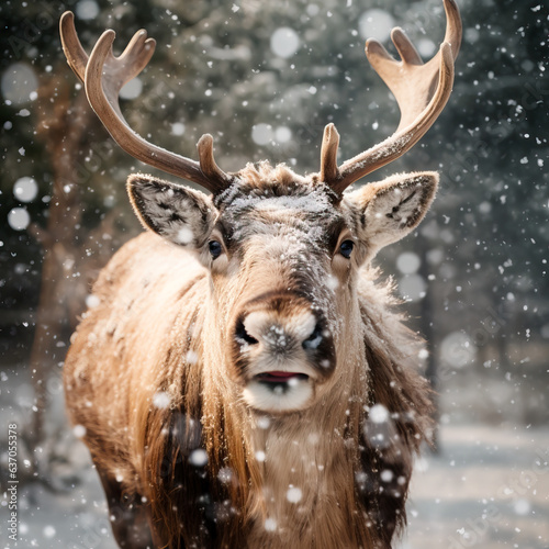Reindeer in the snow. Close up with shallow field of view.
