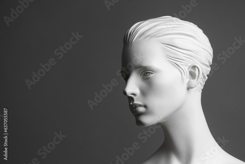 Portrait of white female mannequin face isolated on gray background with copy space.