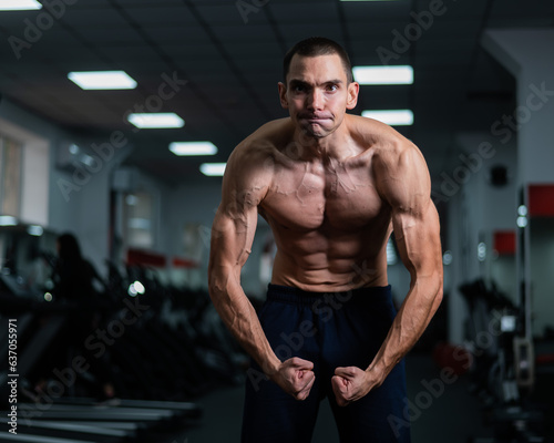 Shirtless man with sculpted body posing in the gym. 