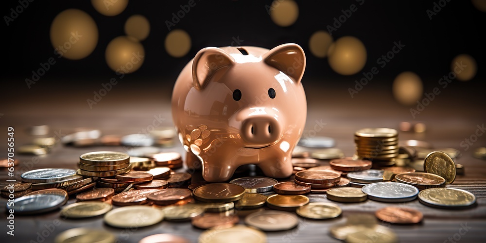 AI Generated. AI Generative. Piggy pig bank coins saving cash money deposit financial element. Graphic Art - obrazy, fototapety, plakaty 