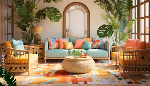 tropical themed living room with palm leaf 