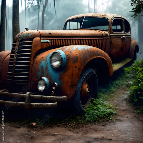 old car. a rusty  discolored rarity  tarnished with time. rust and faded blue. generative AI
