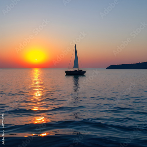 Golden Hour Sail: A Small Sailboat on the Peaceful Ocean. generative AI
