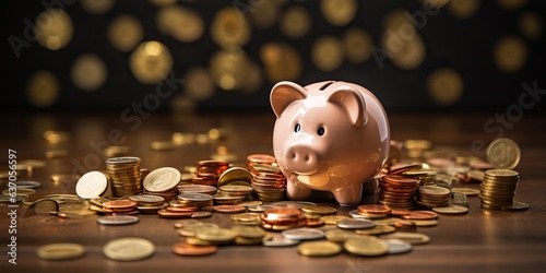 AI Generated. AI Generative. Piggy pig bank coins saving cash money deposit financial element. Can be used for bank inspirational marketing income trade photo
