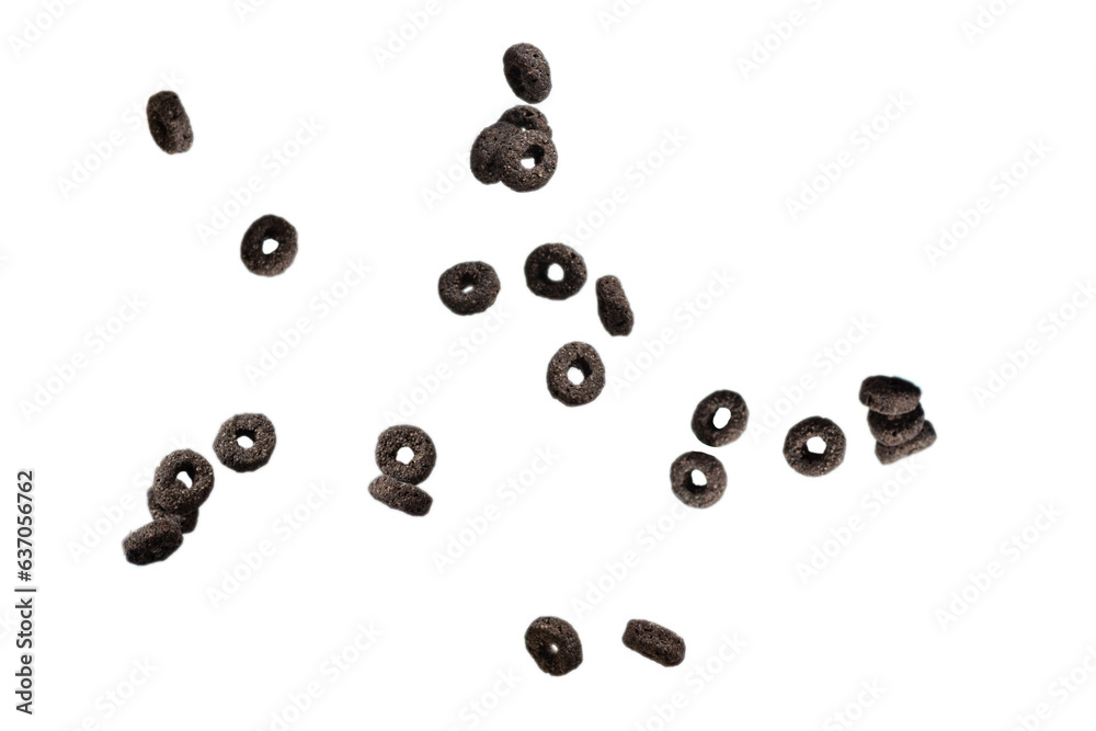 Chocolate rings cereal spill out into a bowl. Breakfast. Chocolate rings cereal spill out into a bowl. Breakfast.