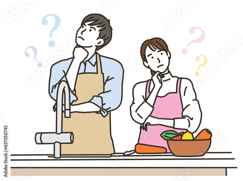 キッチンで考えるポーズをする若い男女
