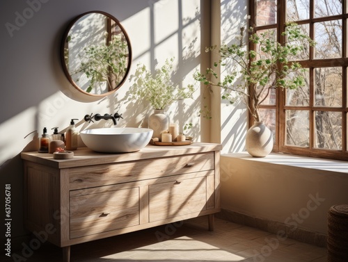 washbasin with round mirror and wooden cabinet with big window modern  minimal design