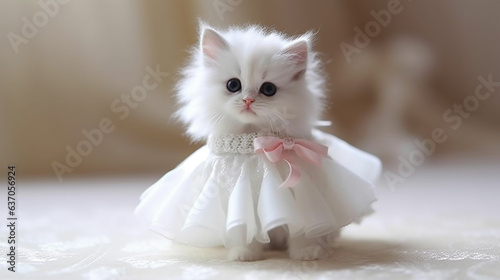 White kitten in a ballerina dress on a light background.
