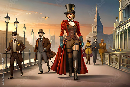 Design a steampunk-inspired Halloween parade featuring elaborately detailed, retro-futuristic costumes and floats. Include Victorian-era characters with a spooky twist and add gears, cogs, and mechani