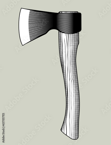 Black and white vintage engraved drawing of a classic traditional iron axe with a wooden handle. Vector illustration