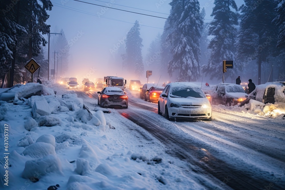 A sudden snowstorm in Tahoe causes chaos on the roads. - obrazy, fototapety, plakaty 