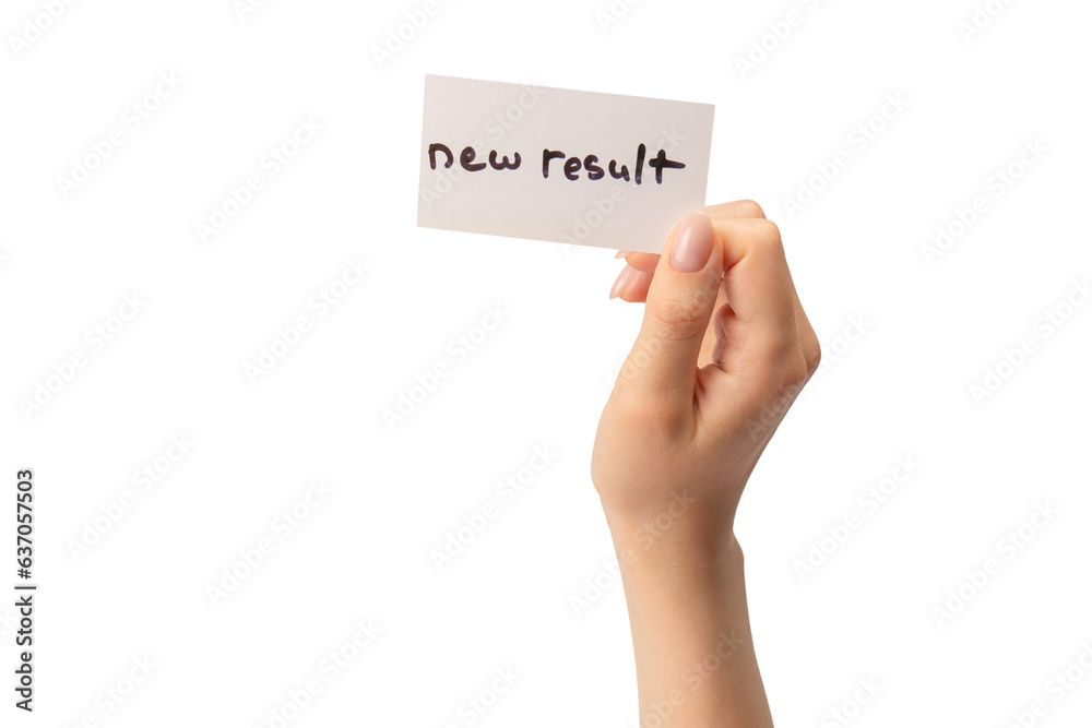 New mindset - new result text on a card in a woman hand. New mindset - new result text on a card in a woman hand.