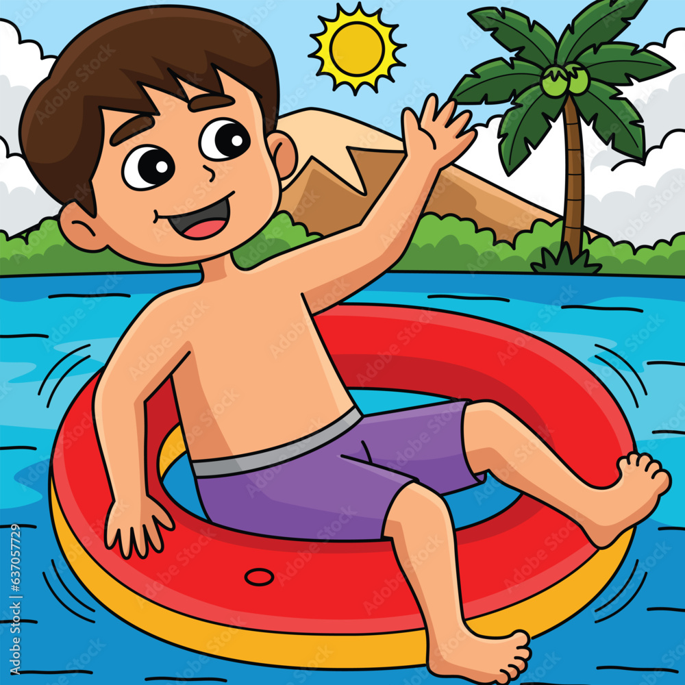 Boy with a Lifebuoy Summer Colored Cartoon 