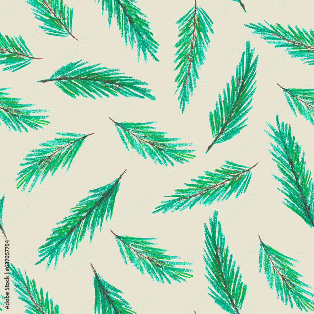 Hand drawn seamless pattern with pastel chalk green fir branches as christmas noel new year background on beige.