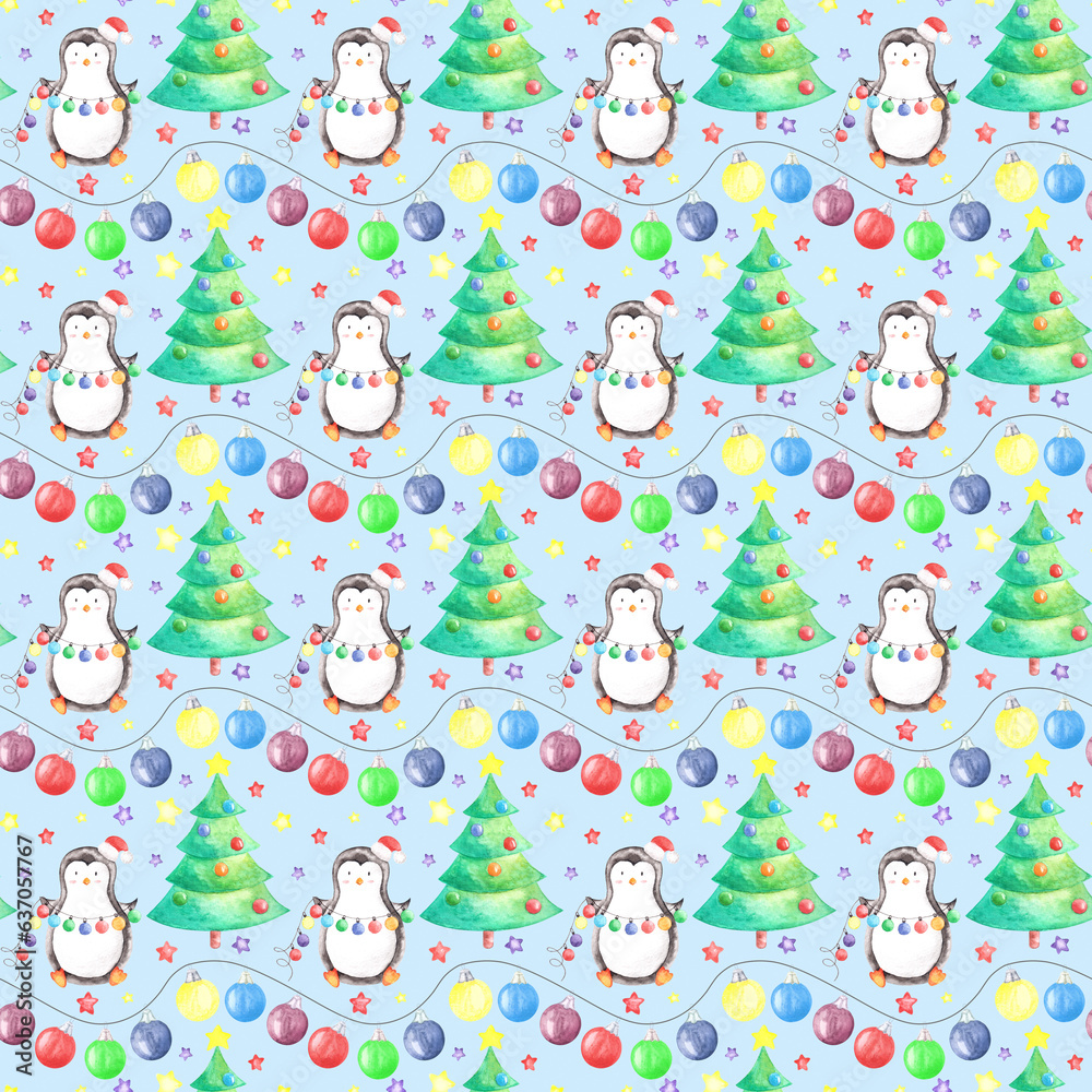 Hand drawn watercolor seamless pattern wirh cute penguin, tree with star on top and garland with lot of multicolored christmas balls.Aquarelle illustrated winter background on blue Hand drawn watercolor seamless pattern wirh cute penguin, tree with star on top and garland with lot of multicolored christmas balls.Aquarelle illustrated winter background on blue
