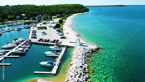 Drone shot of light house, Lion's Head, Bruce Peninsula, Bruce County, Ontario, Canada