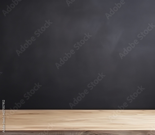 Blank wooden tabletop on blackboard wall background, mockup and display for kitchen and restaurant