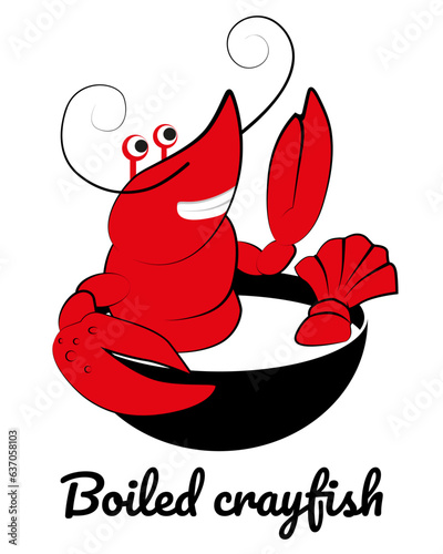 Boiled red crayfish. Flat vector illustration isolated on white background. seafood. Outline crayfish. one boiled lobster for logo, icon. Sea restaurant, menu design.