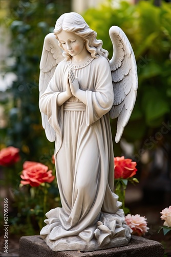 Sculpture of beautiful angel surrounded by red flowers and garden plants,