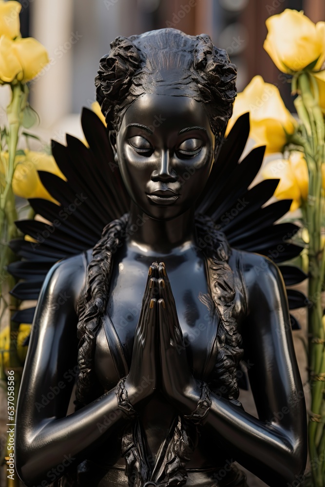 Sculpture of beautiful black female angel surrounded by flowers and garden plants